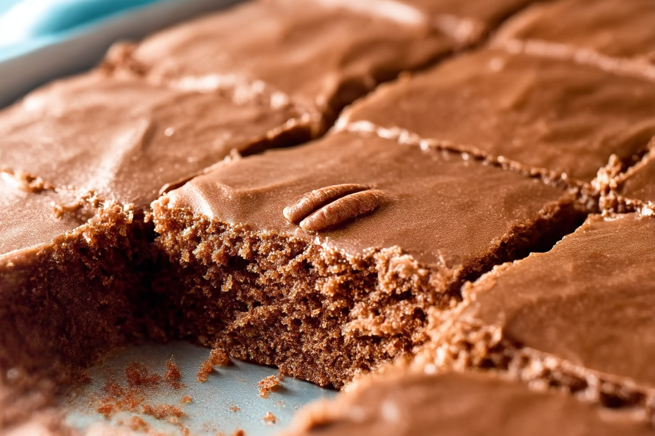 Rich and moist Texas Sheet Cake topped with fudgy chocolate frosting and pecans, served on a baking sheet