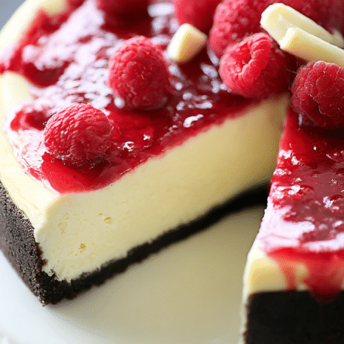 White Chocolate Raspberry Cheesecake topped with fresh raspberries and white chocolate curls