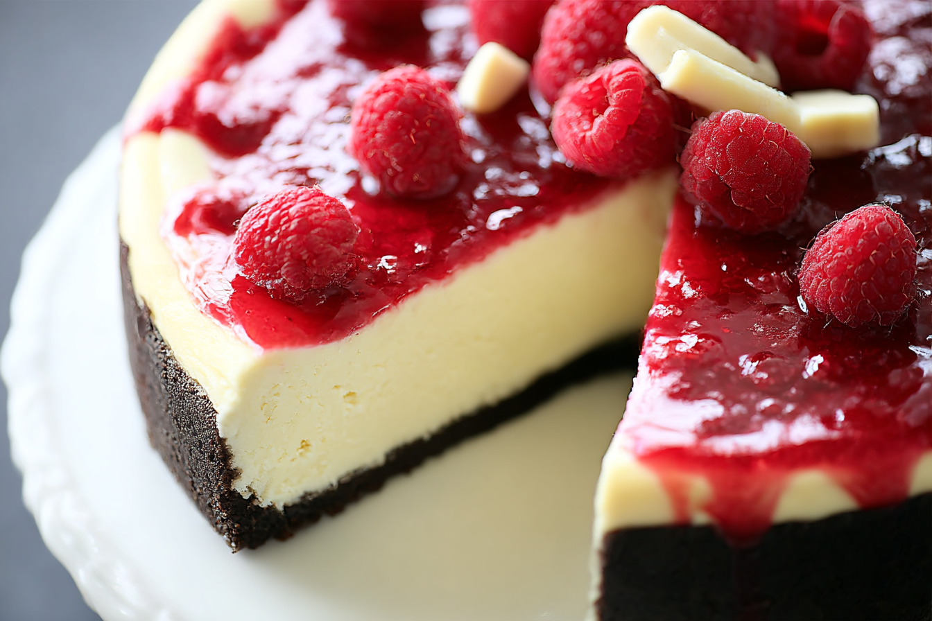 White Chocolate Raspberry Cheesecake topped with fresh raspberries and white chocolate curls