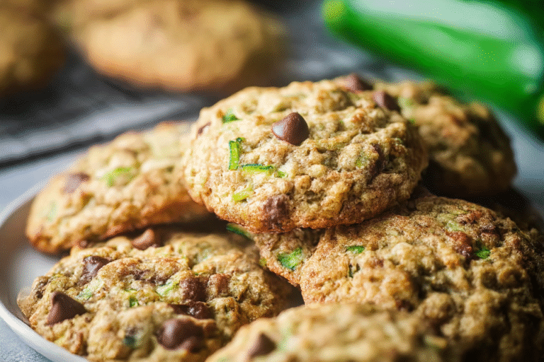 Soft and chewy zucchini cookies with oats and chocolate chips on a cooling rack