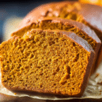 Moist homemade pumpkin bread loaf sliced on a wooden board with cinnamon sticks and pumpkin puree.