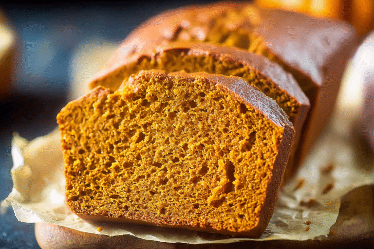 Moist homemade pumpkin bread loaf sliced on a wooden board with cinnamon sticks and pumpkin puree.