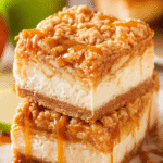 Caramel Apple Cheesecake Bars with crumb topping and caramel drizzle