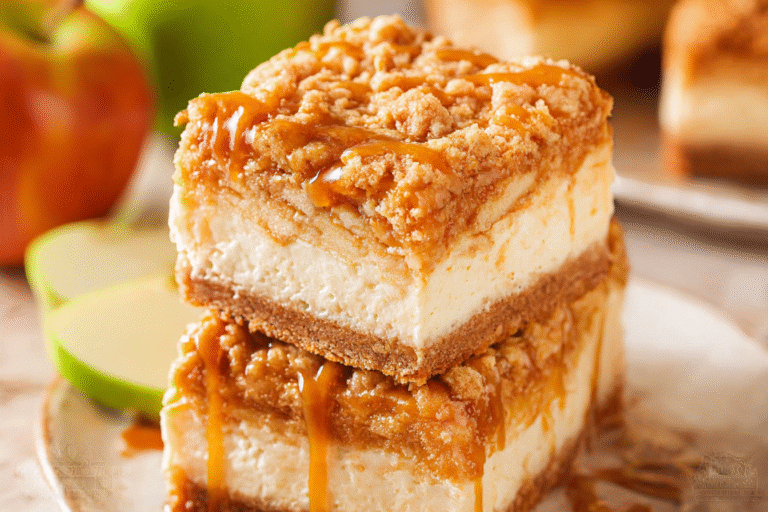 Caramel Apple Cheesecake Bars with crumb topping and caramel drizzle
