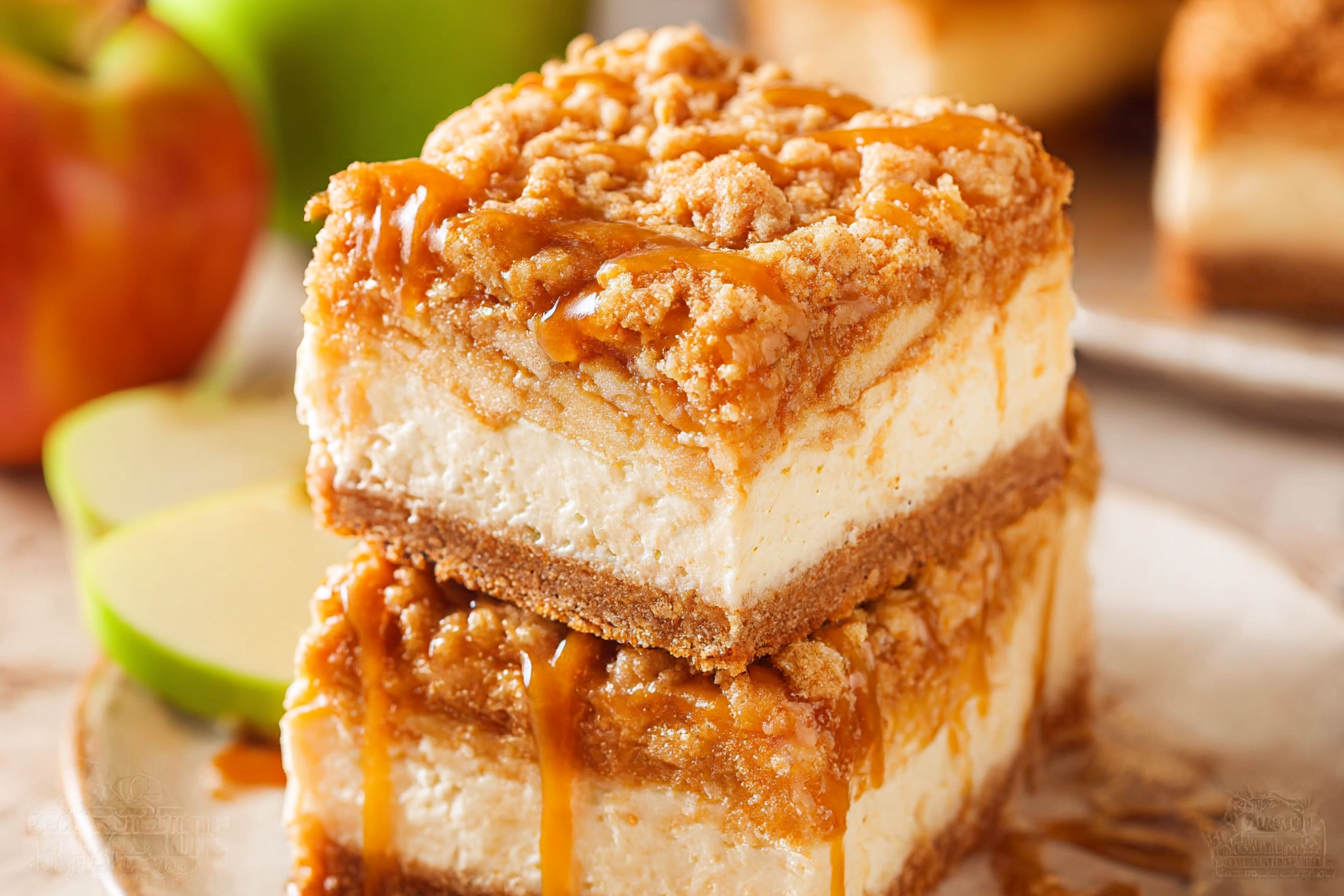 Caramel Apple Cheesecake Bars with crumb topping and caramel drizzle
