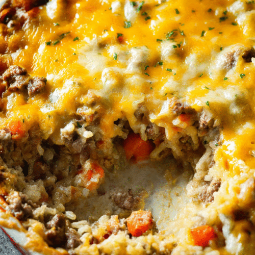 Cheesy Ground Beef and Rice Casserole baked with carrots and melty cheese in a casserole dish.