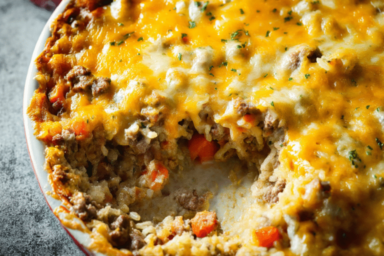 Cheesy Ground Beef and Rice Casserole baked with carrots and melty cheese in a casserole dish.