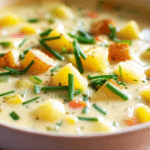 Bowl of creamy potato soup with chives, bacon, and cheese