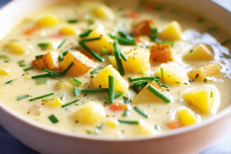 Bowl of creamy potato soup with chives, bacon, and cheese