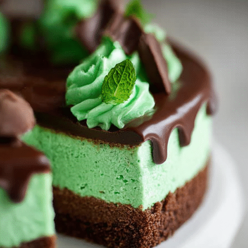 Mint Chocolate Cheesecake topped with chocolate ganache and whipped cream swirls