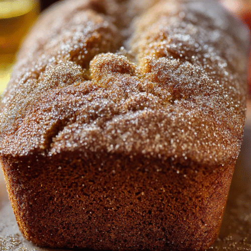 Apple cider donut bread with sugar topping sliced on a wooden board