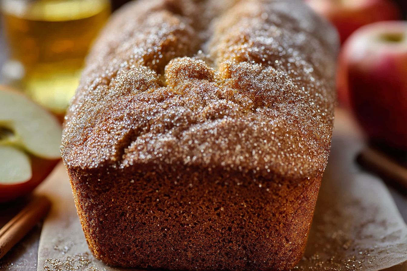 Apple cider donut bread with sugar topping sliced on a wooden board