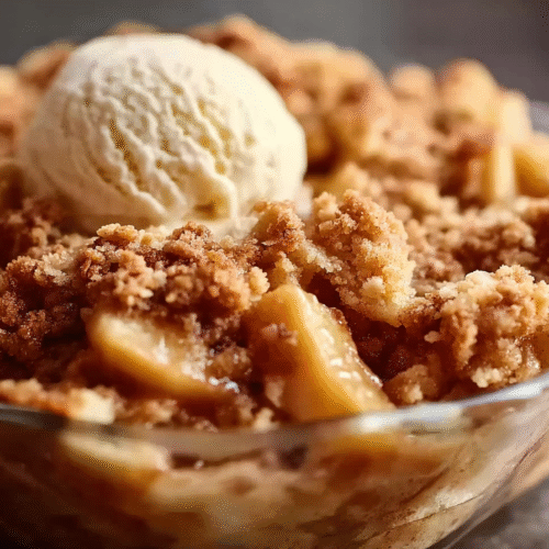 Homemade apple crisp with golden oat topping served with vanilla ice cream