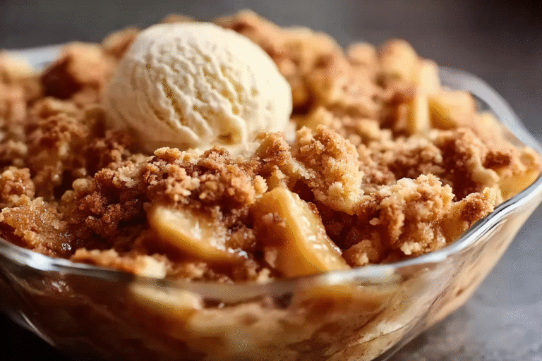 Homemade apple crisp with golden oat topping served with vanilla ice cream
