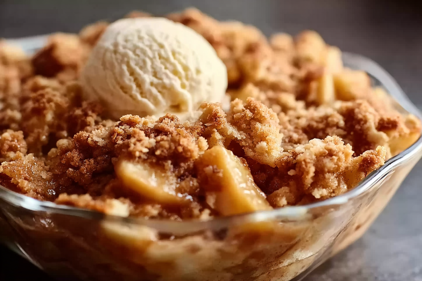Homemade apple crisp with golden oat topping served with vanilla ice cream