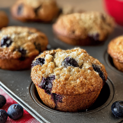 Moist blueberry cottage cheese bread loaf sliced with fresh blueberries on a wooden board.