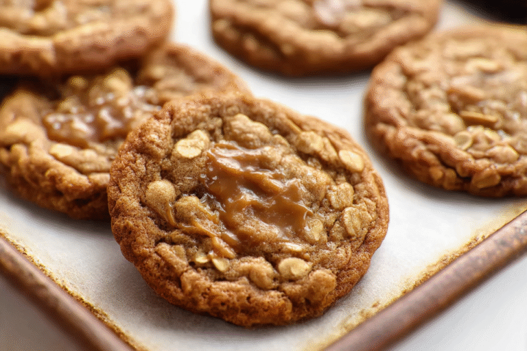 Caramel Toffee Oatmeal Cookies with gooey caramel centers and toffee bits