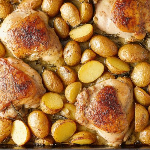 Ultimate creamy garlic chicken thighs with roasted baby potatoes and garlic sauce