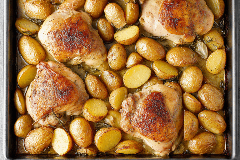 Ultimate creamy garlic chicken thighs with roasted baby potatoes and garlic sauce