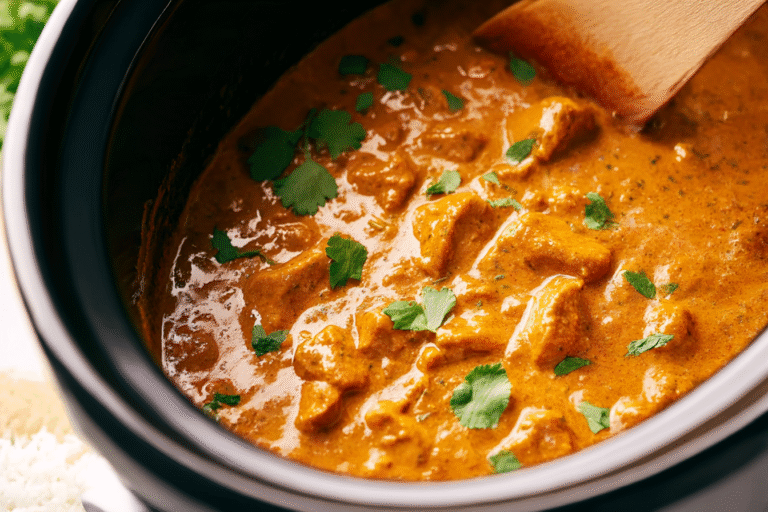 Crockpot Butter Chicken served with rice and naan bread