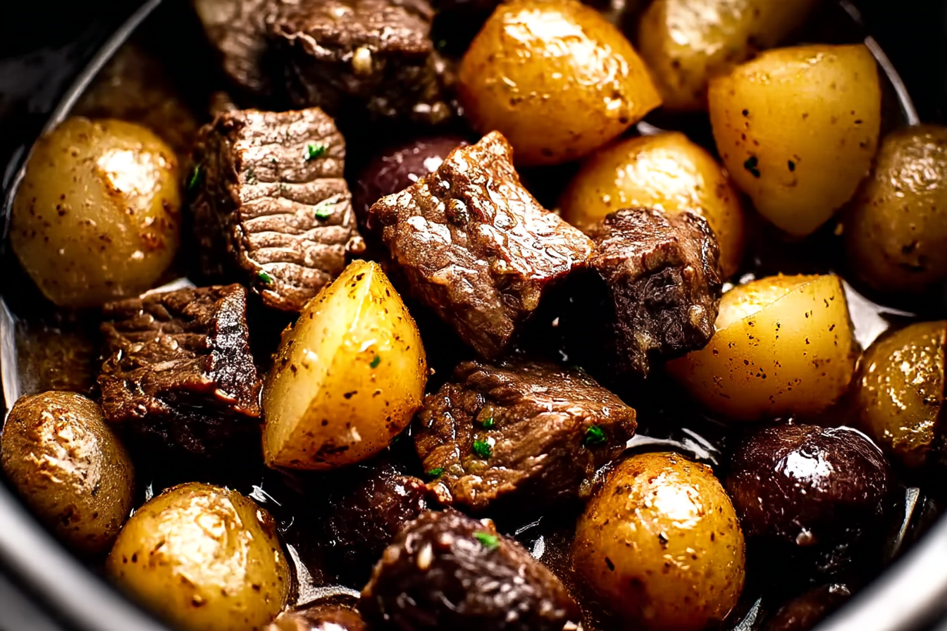 Crockpot Garlic Butter Beef Bites with Potatoes served in a bowl