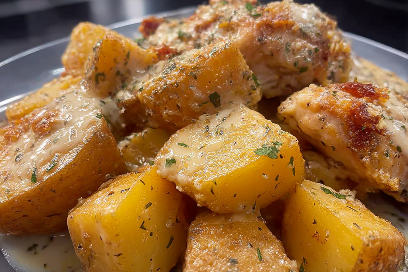 Crockpot Garlic Parmesan Chicken and Potatoes served with melted mozzarella