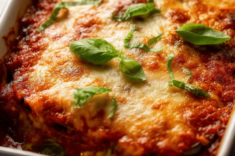 Eggplant parmigiana baked with mozzarella and basil in a casserole dish