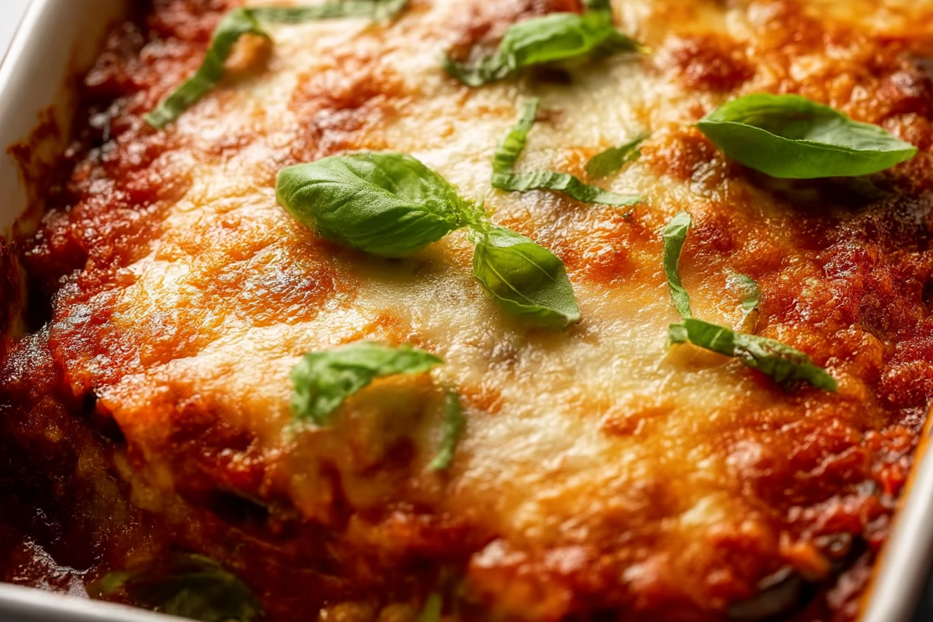 Eggplant parmigiana baked with mozzarella and basil in a casserole dish