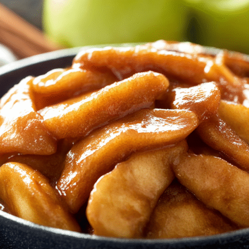 Skillet of homemade fried apples with cinnamon and sugar