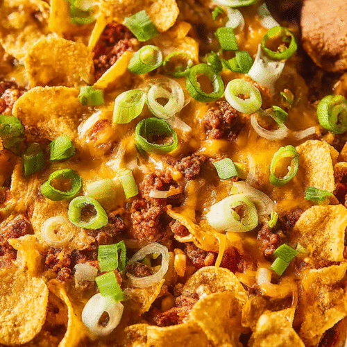Frito Pie Casserole with ground beef, beans, salsa, cheese, and crunchy Fritos in a baking dish.