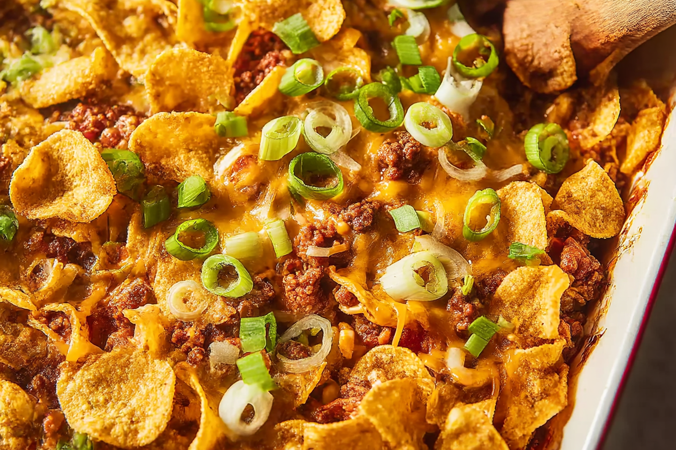 Frito Pie Casserole with ground beef, beans, salsa, cheese, and crunchy Fritos in a baking dish.