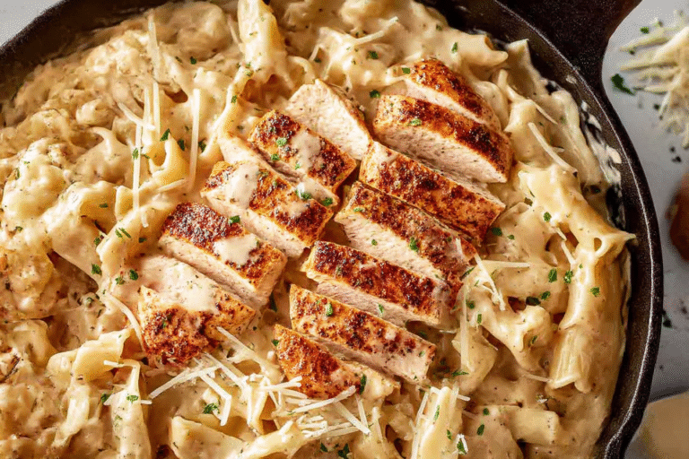 Garlic Parmesan Chicken Pasta served in a creamy sauce with parmesan and herbs.
