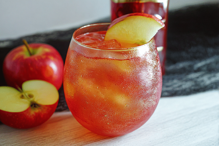 Halloween Poison Apple Punch cocktail with golden shimmer and apple garnish