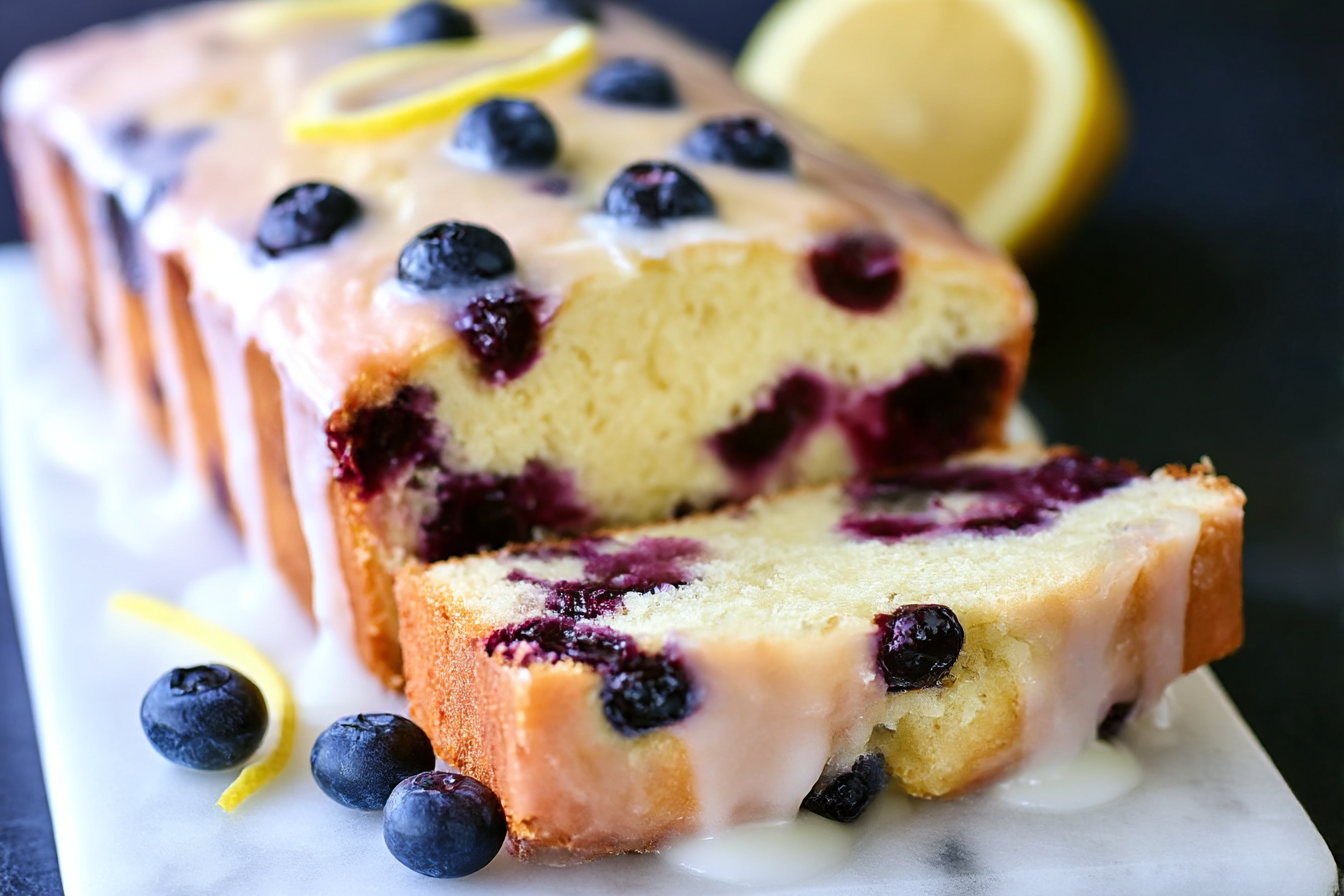 Freshly baked moist lemon blueberry bread with lemon glaze and blueberries on top