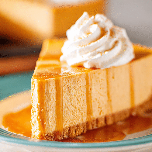 No Bake Pumpkin Cheesecake with whipped cream and caramel drizzle