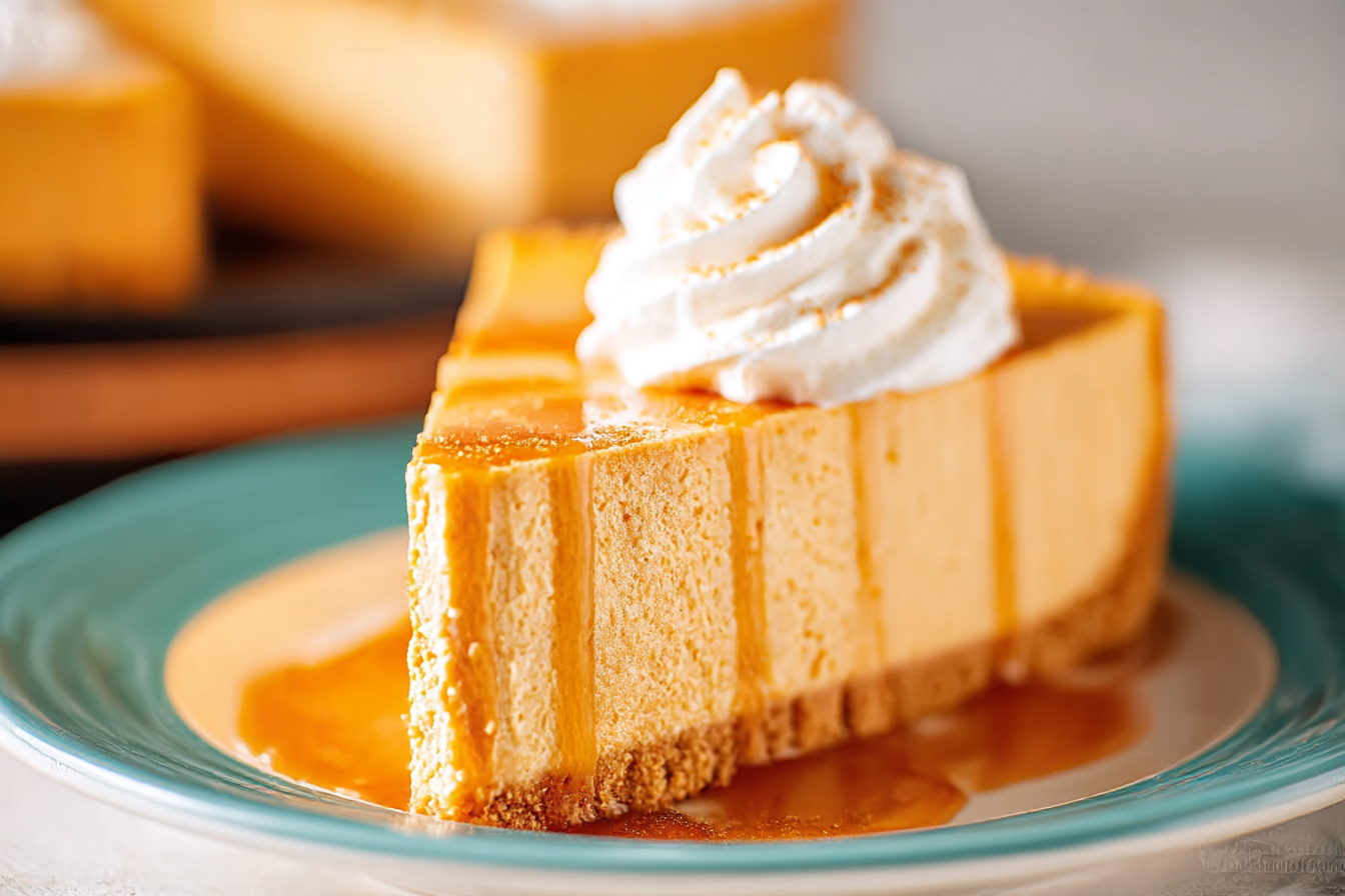 No Bake Pumpkin Cheesecake with whipped cream and caramel drizzle
