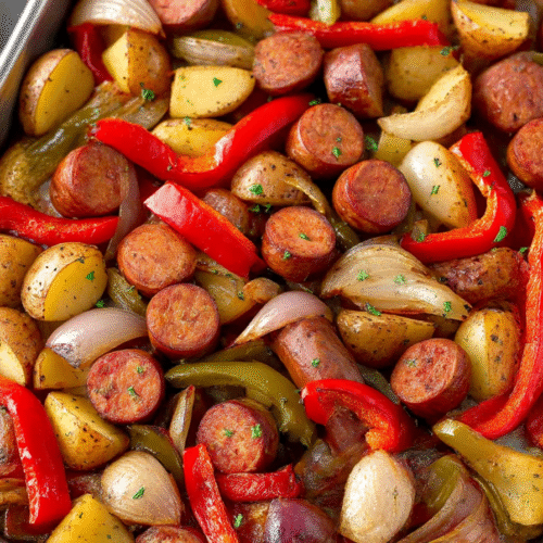 One-pan roasted sausages with peppers, onions, and potatoes on a baking sheet