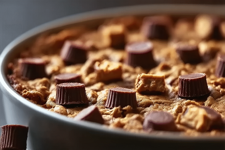 Peanut Butter Cup Dump Cake with melted chocolate and peanut butter topping