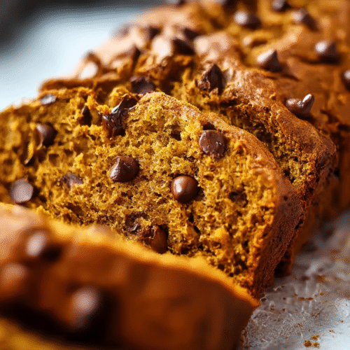 Pumpkin chocolate chip bread loaf sliced with melty chocolate chips