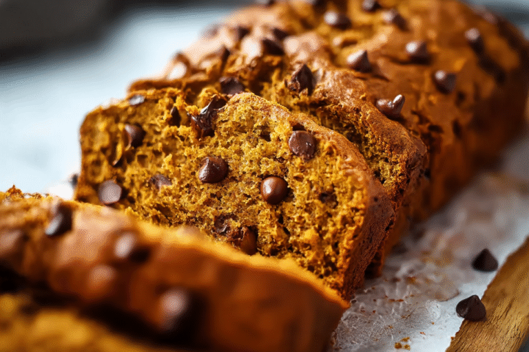 Pumpkin chocolate chip bread loaf sliced with melty chocolate chips