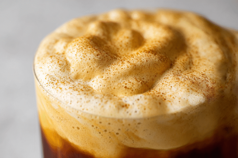 Glass of cold brew topped with homemade pumpkin cream cold foam and pumpkin spice