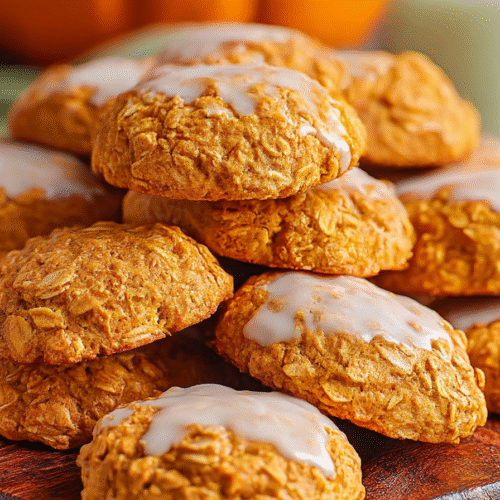 Pumpkin oatmeal cookies drizzled with vanilla icing on a cooling rack