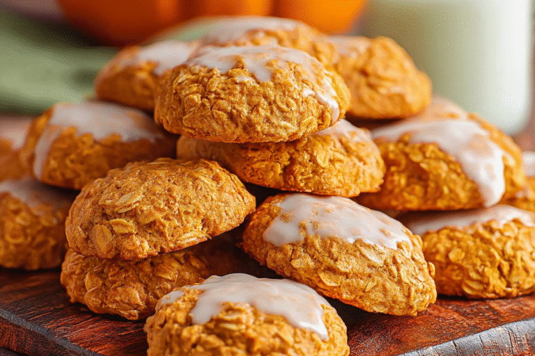 Pumpkin oatmeal cookies drizzled with vanilla icing on a cooling rack