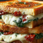 Sun-dried tomato, spinach, and ricotta grilled cheese sandwich with golden sourdough bread.