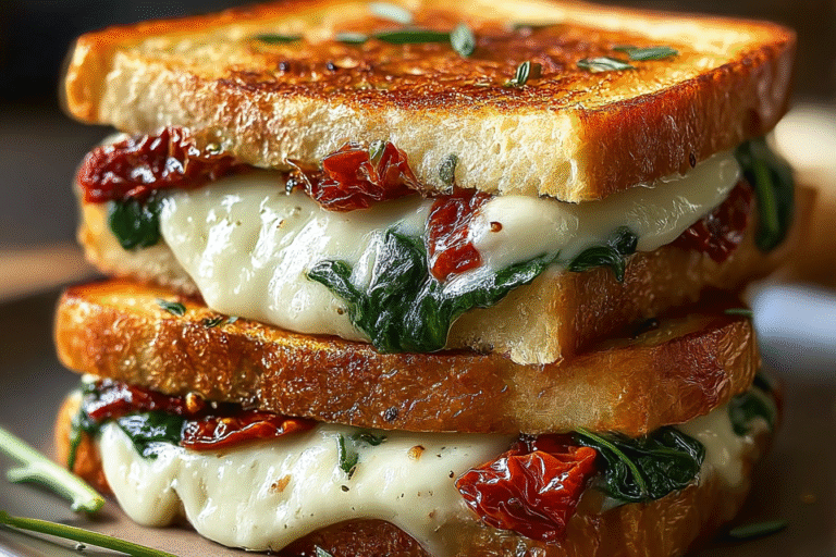 Sun-dried tomato, spinach, and ricotta grilled cheese sandwich with golden sourdough bread.