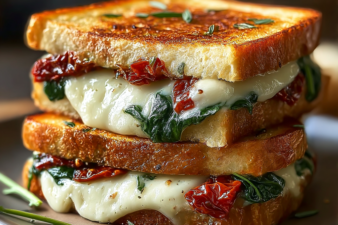 Sun-dried tomato, spinach, and ricotta grilled cheese sandwich with golden sourdough bread.