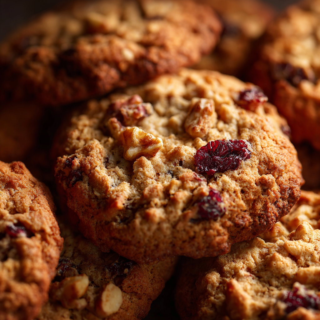 Chewy cranberry walnut oatmeal cookies stacked on a plate