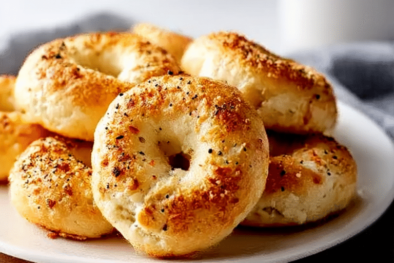 Freshly baked Cottage Cheese Bagel Bites topped with Everything Bagel seasoning on a parchment-lined tray