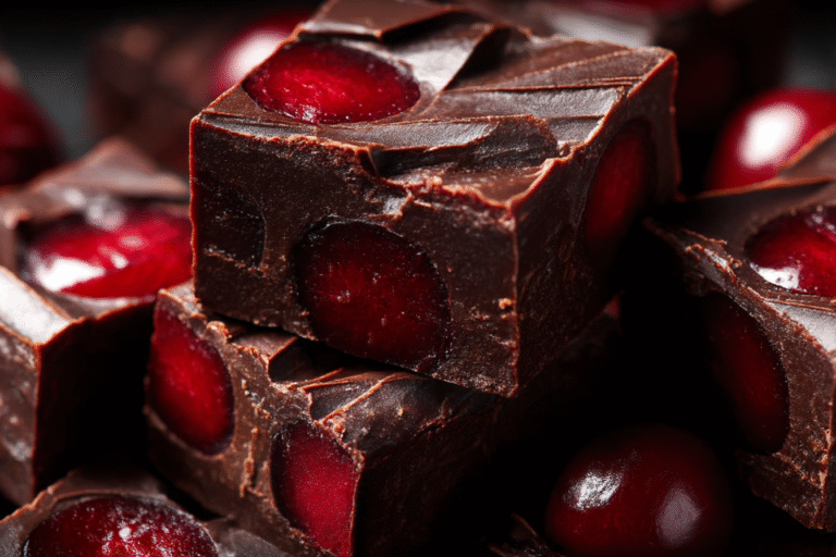 Halloween Dracula’s Dark Cherry Fudge with cherry swirls and maraschino cherries on top