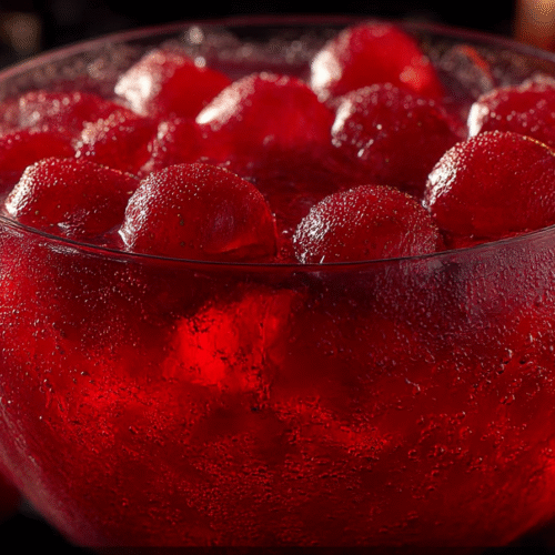 Halloween Vampire’s Kiss Strawberry Punch with floating grape “eyeballs” and gummy fangs